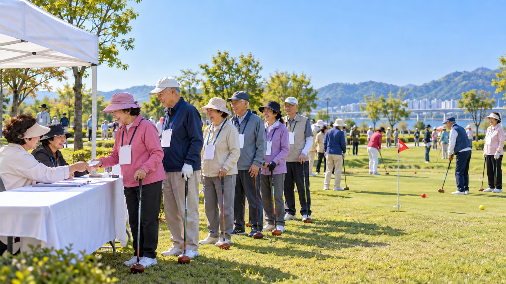 강변 파크골프 대회장 접수 천막 앞에 이름표를 건 참가자들이 줄 서 있고, 뒤로 경기 중인 선수들이 보이는 모습
